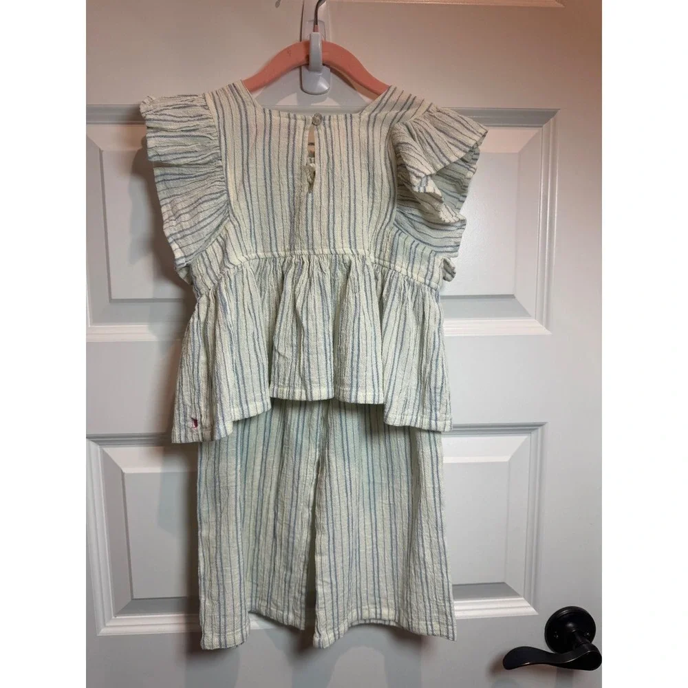 Pink Chicken Girls 5Y Blue White Striped Gauze Peplum Top and Wide Leg Pants Set - Picture 2 of 8